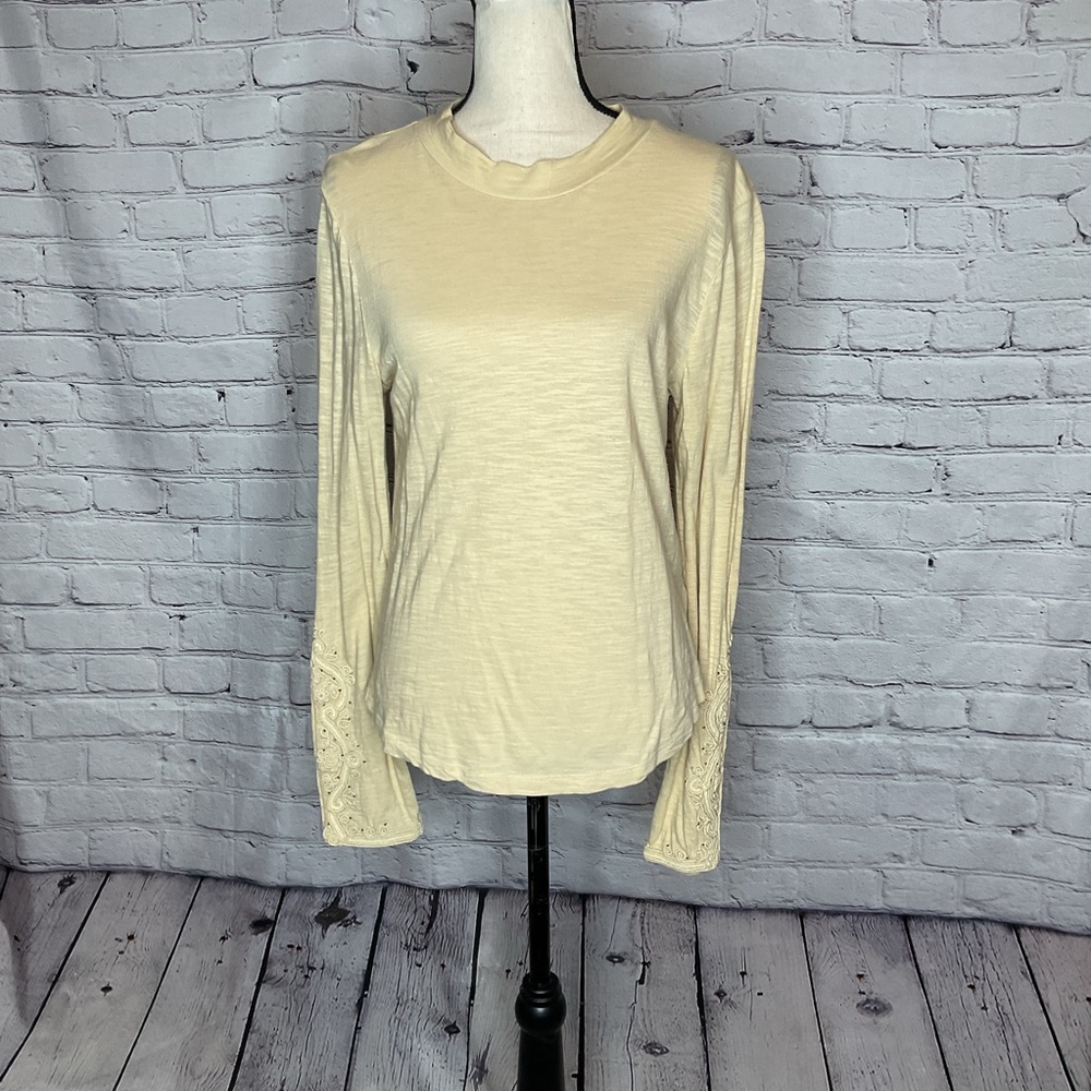 Free People Light Tan Mock Neck Embroidered Top Medium